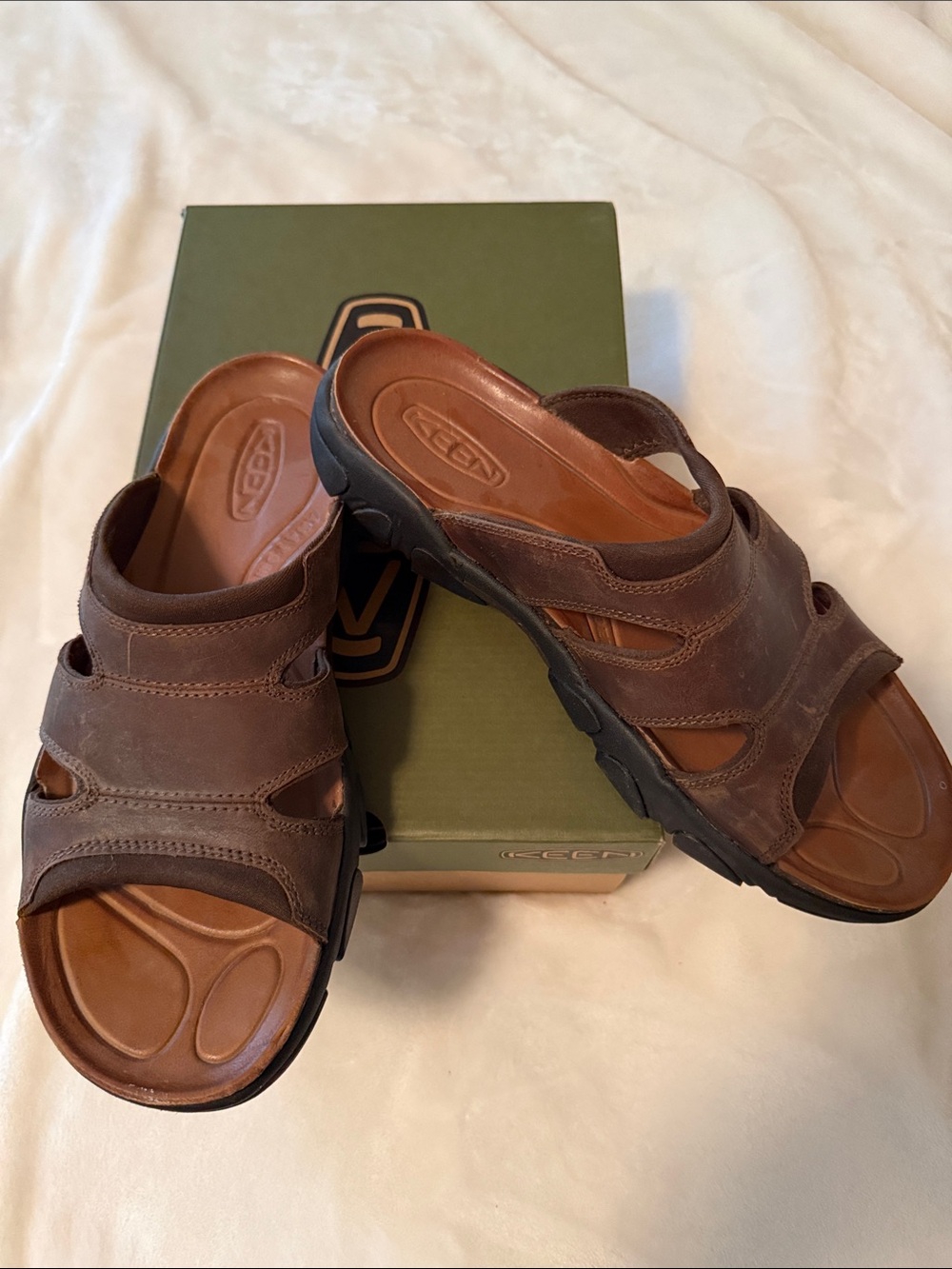Keen Men’s Brown Leather Slide Sandals with Black Outsole